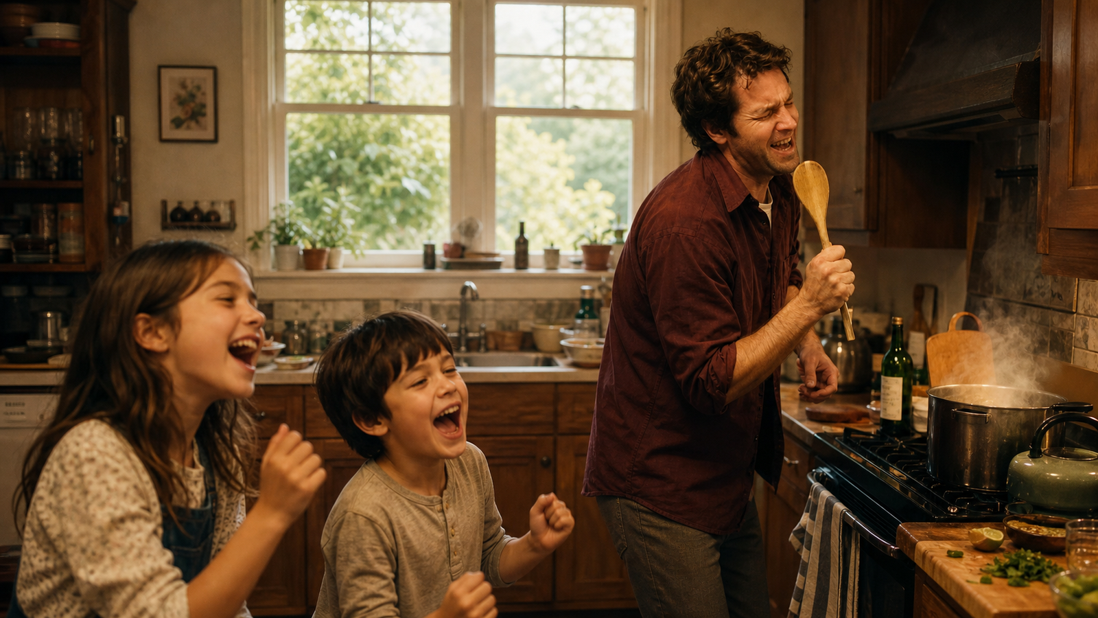 A framed photograph of a father singing in a kitchen
