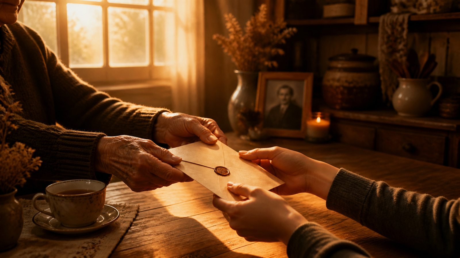 Elderly hands passing a sealed envelope to another person, warm lamplight