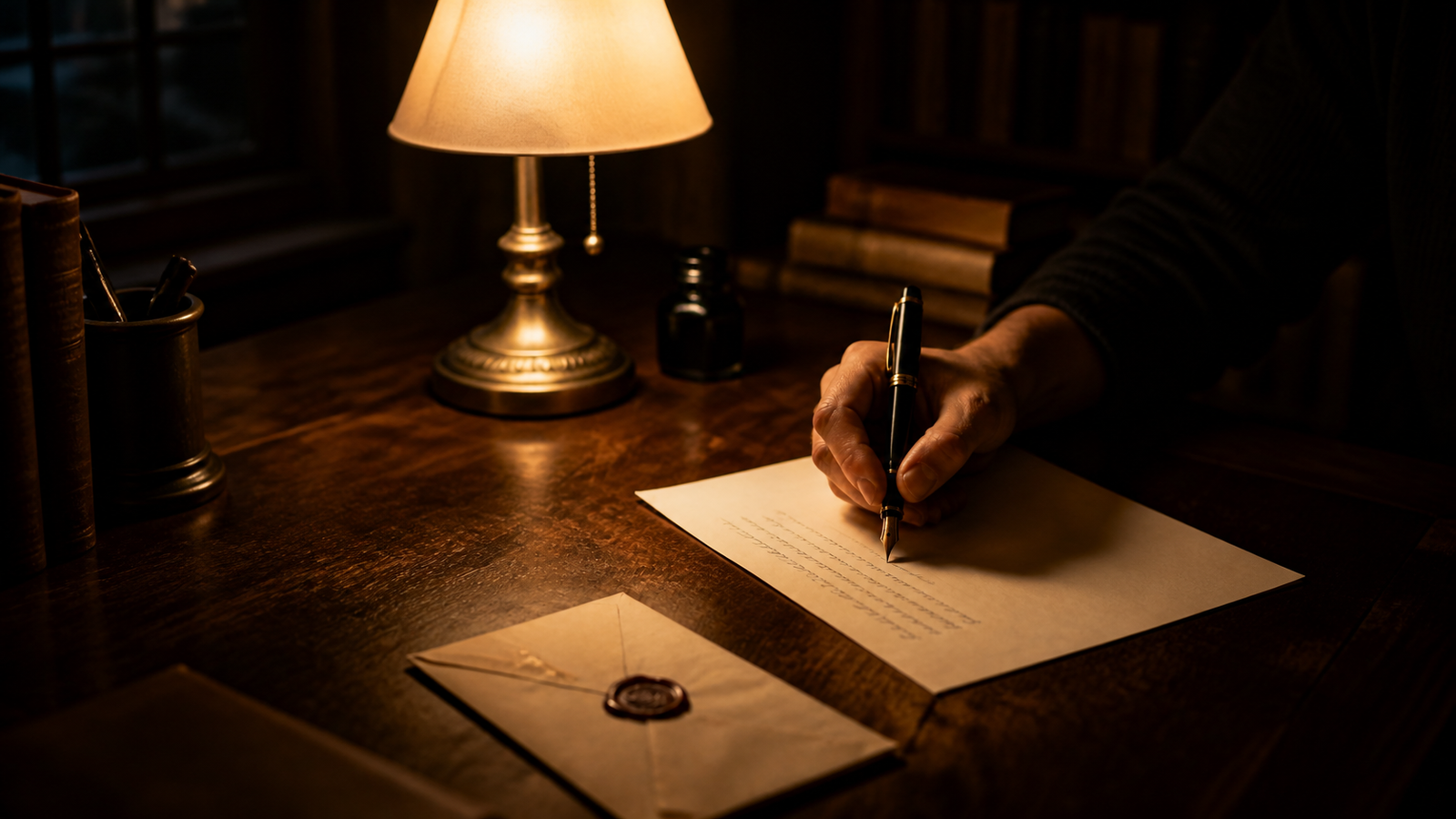 Hands writing a letter by lamplight at night